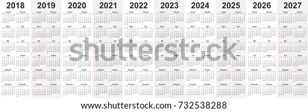 Calendar template set for 2018, 2019, 2020, 2021, 2022, 2023, 2024, 2025, 2026, and 2027 years in one vector file. Business organizer design element for print or applications. Regular intervals. 商業照片 © 