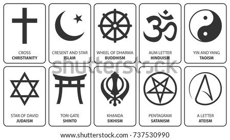 Religious symbols. Vector. Christianity cross, Islam crescent, Buddhism dharma wheel, Hinduism aum, Taoism yin yang, Judaism David star, Shinto tori gate, Sikhism Khanda, Satanism pentagram, Ateism.