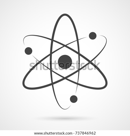 Atom icon. Vector illustration. Symbol of science, education, nuclear physics, scientific research. Three electrons rotate in orbits around atomic nucleus. Concept of elementary particles design.
