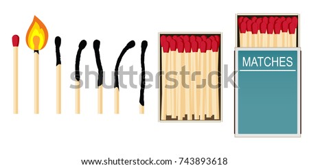 Matches. Set of vector illustrations: burning match with fire, opened matchbox, burnt matchstick isolated on white. Simple symbol of ignition, burning and withering.