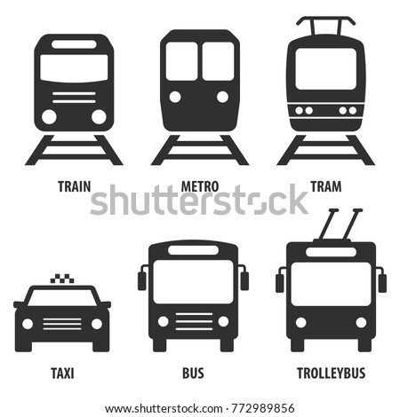 Train, metro, tram, bus, trolleybus, taxi. Set of passenger transport vector icons. Black symbols isolated on white. Signs for public transport stops and schemes.