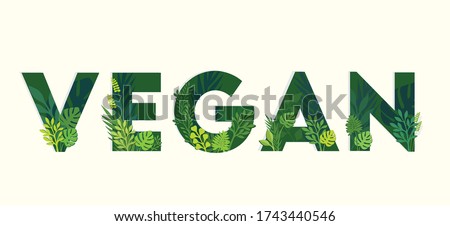 Vegan food typography with paper cut illustration of leaves and plants, can be used for advertising, posters, events, brochure, leaflet, website and photography purpose.