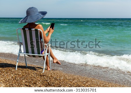 beach, summer, woman, leisure, coast, laptop, phone, island, chair, vacation, relax, travel, beautiful, girl, white, background, sea, sand, pebbles, stones, shells, waves, surf, vacation, Black Sea