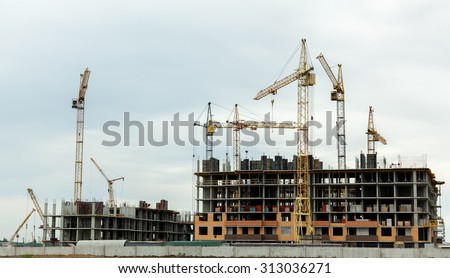 construction of houses, construction cranes, construction material, city, day, roofing, crane, urban, structure, high, housing, house, home, industry