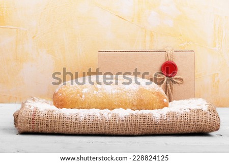 Italian traditional bread ciabatta. Retro bakery background