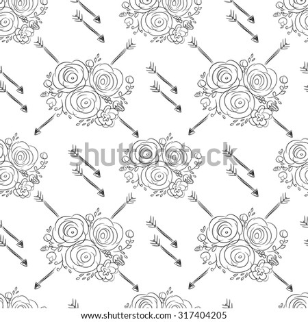 Hand drawn delicate decorative vintage seamless pattern with blossom flowers and arrows illustration