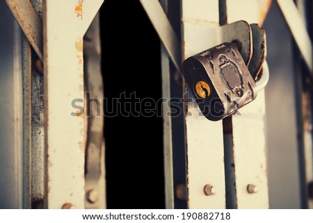 Vintage padlock on old metal door (security business concept)
