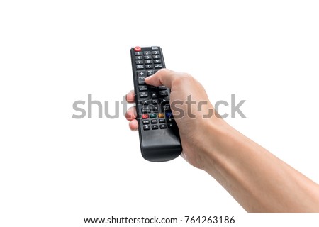 Hand pressing remote control isolated on white background Foto stock © 