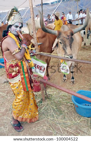 HYDERABAD,AP,INDIA-MACH 30:Man dressed as Sri Krishna poses in Desi Cow Mela of  indigenous 29 existing breeds  on March 30,2012 in Hyderabad,Ap,India.Cow is holy for Hindus with mention in the epics.