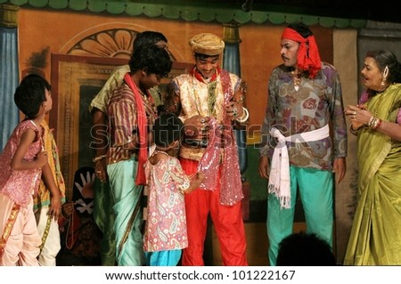 HYDERABAD,AP,INDIA-APRIL 22:One family theatre  Surabhi artists perform Patala Bhairavi folk drama on April 22,2012 in Hyderabad,AP,India.Telugu theatre is 125 years old and Surabhi is synonymous.