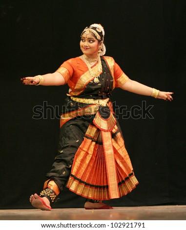 HYDERABAD,AP,INDIA-MAY 12:Kumari Sharanya performs Bharatanatyam dance in Nrithya Hela at ravindra bharati on May 12,2012 in Hyderabad,Ap,India.A popular classical dance form of Tamil Nadu,India.