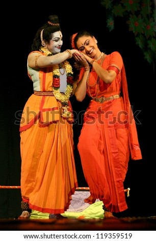HYDERABAD,AP,INDIA,NOVEMBER 18:Dr padmasree sobhanaidu, exponent of Kuchipudi  dance perform as God  Rama in Jagadanandakaraka dance ballet Ramayanam  theme on November 18,2012 in Hyderabad,India.