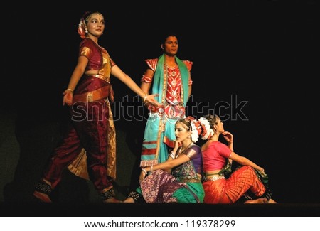 HYDERABAD,INDIA-NOVEMBER 06:Disciples of Bharatanatyam exponent Jyotsna Shourie perform Face to Face of mythological characters Sita and Draupadi dance dialogue on November 06,2012 in Hyderabad,India.