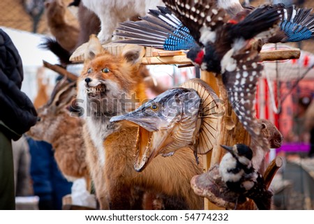 VILNIUS, LITHUANIA - MARCH 4: Mounted animals in an annual traditional crafts fair - Kaziuko fair on Mar 4, 2005 in Vilnius, Lithuania