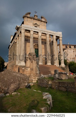 Temple of Antoninus and Faustina, ancient Roman temple, adapted to the church of San Lorenzo in Miranda. It stands in the Forum Romanum in Rome, Italy.