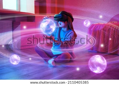 Similar – Image, Stock Photo Boy with virtual reality glasses on colorful background. Future technology, VR concept