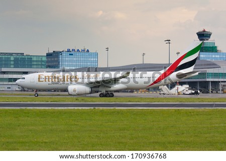 PRAGUE - JULY 10:A330 Emirates taxis for take off from  PRG in Prague, CZE on July 10, 2010.  Emirates is rated as a top 10 best airlines in the world flying on youngest fleet.
