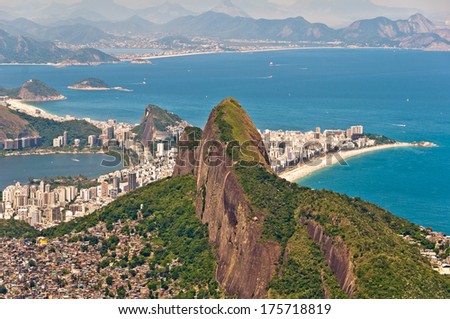 Two Brothers Mountain (Dois Irmaos) with Ipanema District and Beach behind in Rio de Janeiro, Brazil