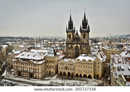 PRAGUE, CZECH REPUBLIC - JANUARY 15: The Church of Mother of God in front of Tyn in Prague, Czech Republic on January 15, 2013. The church\'s towers are 80 m high and topped by four small spires.