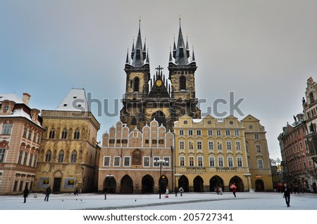PRAGUE, CZECH REPUBLIC - JANUARY 14: The Church of Mother of God in front of Tyn in Prague, Czech Republic on January 14, 2013. The church\'s towers are 80 m high and topped by four small spires.