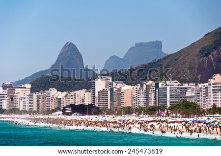Copacabana Beach View with Mountains and Luxury Residential and Hotel Buildings