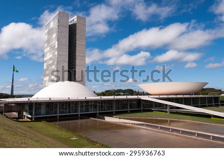 BRASILIA, BRAZIL - JUNE 7, 2015: Brazilian National Congress. The building was designed by Oscar Niemeyer in the modern Brazilian style.