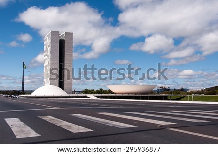 BRASILIA, BRAZIL - JUNE 7, 2015: Brazilian National Congress. The building was designed by Oscar Niemeyer in the modern Brazilian style.