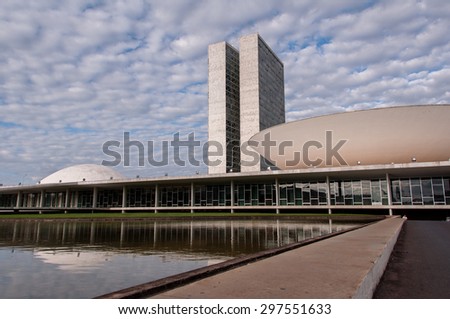 BRASILIA, BRAZIL - JUNE 3, 2015: Brazilian National Congress. The building was designed by Oscar Niemeyer in the modern Brazilian style.