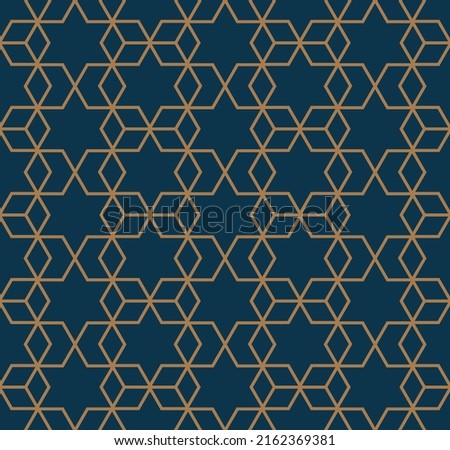 Art deco line art. Star grid pattern in gold and blue color. Decorative seamless background.