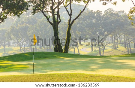 yellow golf flag on the green grass with group of trees background