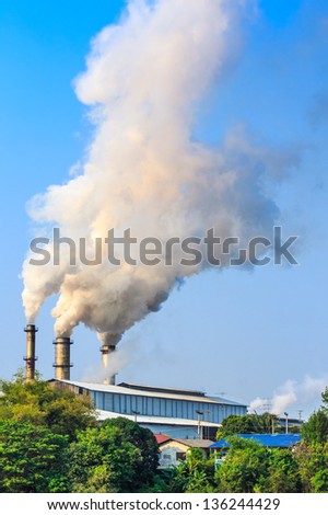the white smoking chimneys of a factory against a blue sky.