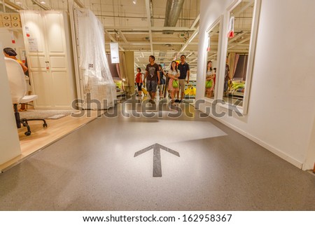 BANGKOK - OCTOBER 23: Direction sign on the floor of IKEA Bangkok Store on October 23, 2013 in Mega Bangna, Bangkok. Founded in Sweden in 1943, Ikea is the world\'s largest furniture retailer.