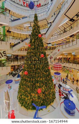 BANGKOK - DECEMBER 10: Decorated Christmas tree in Central World on Dec 10, 2013 in Bangkok. It is the sixth largest shopping complex in the world, owned by Central Pattana.