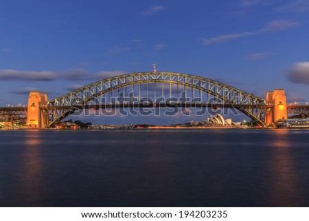 SYDNEY - MAY 11: Sydney Harbor Bridge on May 11, 2014 in Sydney. It  is a steel arch bridge across Sydney Harbor that carries rail, vehicle and pedestrian traffic between the city and the North Shore.