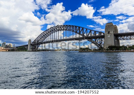 SYDNEY - MAY 11: Sydney Harbor Bridge on May 11, 2014 in Sydney. It  is a steel arch bridge across Sydney Harbor that carries rail, vehicle and pedestrian traffic between the city and the North Shore.