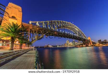 SYDNEY - MAY 15: Sydney Harbor Bridge on May 15, 2014 in Sydney. It is a steel arch bridge across Sydney Harbor that carries rail, vehicle and pedestrian traffic between the city and the North Shore.