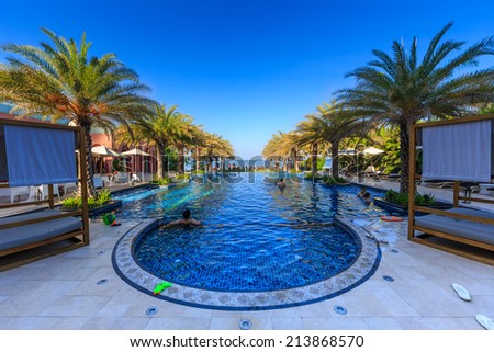 HUA HIN, THAILAND - MAY 23: Main pool of Marrakech Hotel on May 23, 14 in Hua Hin. The design of the hotel was Inspired by rich and colorful culture of Morocco\'s Marrakech or \