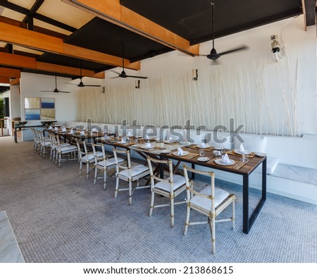 HUA HIN, THAILAND - MAY 23: Dining room of Putahracsa Hua Hin Hotel on May 23, 14. It is a new luxury hotel in Hua Hin, the design of the space, 59 units ranging from standard rooms to pool villas.