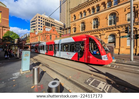 SYDNEY - MAY 12: Light rail at Paddy market station on May 12, 2014 in Sydney. Sydney Trains is owned by the Government of NSW and operates all passenger rail services in metropolitan Sydney.
