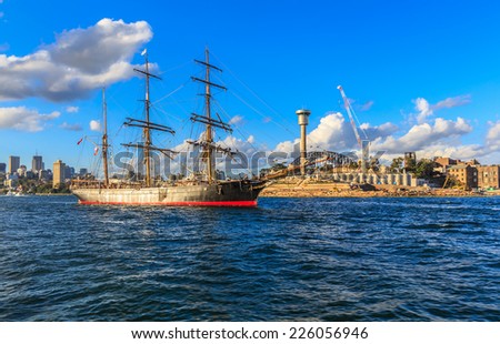 SYDNEY - MAY 10: Vintage windjammer on May 10, 2014 in Sydney.  It\'s a type of large sailing ship, with an iron or, for the most part, steel hull, built to carry cargo in the 19th century.