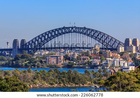 SYDNEY - MAY 14: Sydney Harbor Bridge on May 14, 2014 in Sydney. It is a steel arch bridge across Sydney Harbor that carries rail, vehicle and pedestrian traffic between the city and the North Shore.