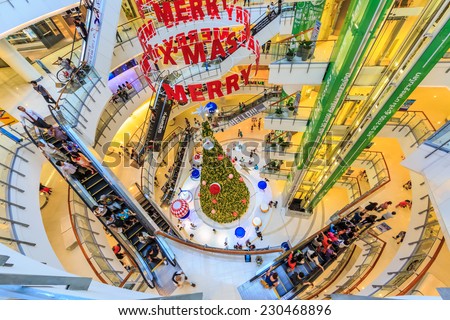 BANGKOK - DEC 10: Chrismas decoration at Central World on Dec 10, 2013 in Bangkok. It\'s a shopping plaza and complex which is the sixth largest shopping complex in the world, owned by Central Pattana.