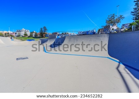 SYDNEY - MAY 15: Skate Park at Bondi beach on May 15, 2014 in Bondi, Sydney. It is a popular beach and the name of the surrounding suburb in Sydney, New South Wales, Australia.