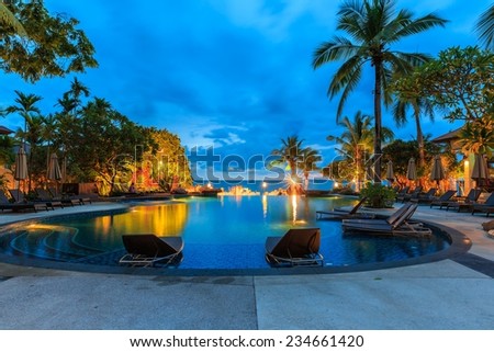 PATTAYA, THAILAND - JUN 14 : Swimming pool of Sea Sand Sun Hotel at twilight on Jun 14, 2014. The hotel consist of 60 boutique-style masterpiece Villas and Rooms in the Pattaya.