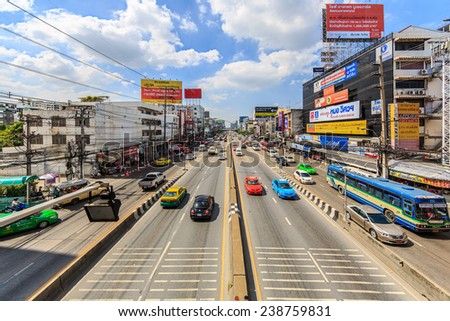 BANGKOK - NOV 15: Traffic on Ngamwongwan road on Nov 15, 2014 in Bangkok, Thailand. Road traffic has been the main source of air pollution in Bangkok, which reached serious levels in the 1990s.