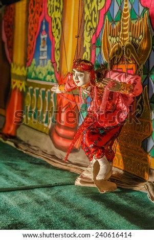 BAGAN, MYANMAR - DEC 5: Burmese Puppet Show on Dec 5, 2014 in Bagan. Each Burmese puppet is made elaborately crafted 17 strings and joins to depict real life movement.