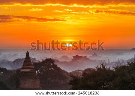 ancient pagodas at the sunrise in Bagan at the sun set, myanmar