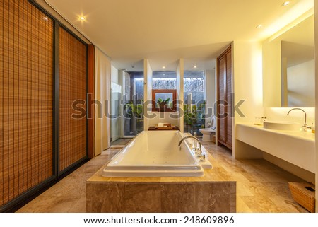 KHAO YAI, THAILAND - DEC 26: Rest room interior of Muti Maya Forest Pool Villa on Dec 26, 2014 in Khao Yai, Thailand. It\'s 7th most romantic resort of the world, reported by Reuters.
