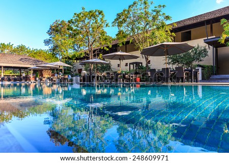 KHAO YAI, THAILAND - DEC 26: Main Swimming pool of Muti Maya Forest Pool Villa on Dec 26, 2014 in Khao Yai, Thailand. It\'s 7th most romantic resort of the world, reported by Reuters.