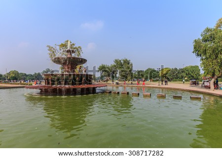 NEW DELHI - AUG 4: The fountain at India Gate on Aug 4, 2015 in New Delhi. The gate is a memorial to 82,000 soldiers of the undivided British Indian Army who died in the period 1914 in the wars.